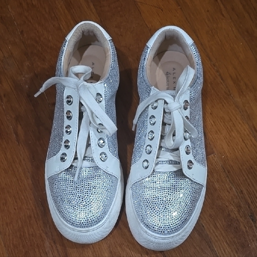 Alex Marie Silver and White Rhinestone Sneakers with Shimmery Finish